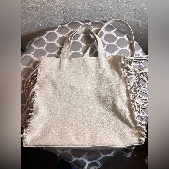 Shiraleah Fringe Cream Tote/Crossbody Vegan Bag large zipper pocket faux leather - Picture 4 of 16